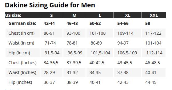 Dakine Men Mens Size Chart